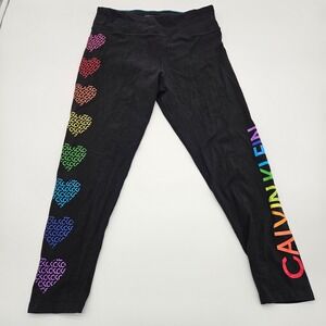 Calvin Klein Performance Black Leggings Rainbow Hearts Logo Stretch Womens L